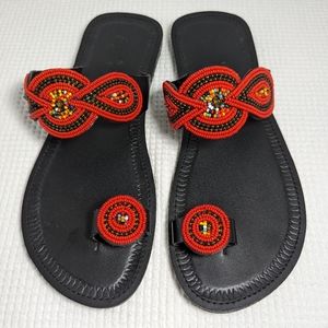 Women's Beaded Flat Sandals, Black/Red, Size US9/EU41